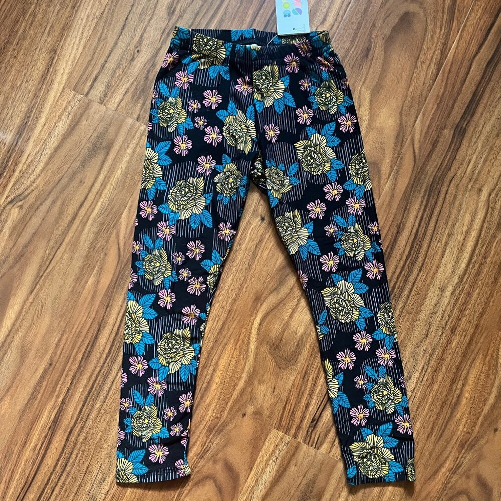NWT Dot Dot Smile Leggings Yellow Roses Pink Daisies Black Stripes 3/4